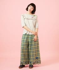 GJLGE02230 Jocomomola(ホコモモラ) Dulcinea チェックスカラップ刺繍入りワイドパンツ グリーン×ブルー