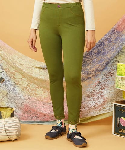 GJQAG33140 Jocomomola カラフル刺繍入り裏起毛レギンスパンツ