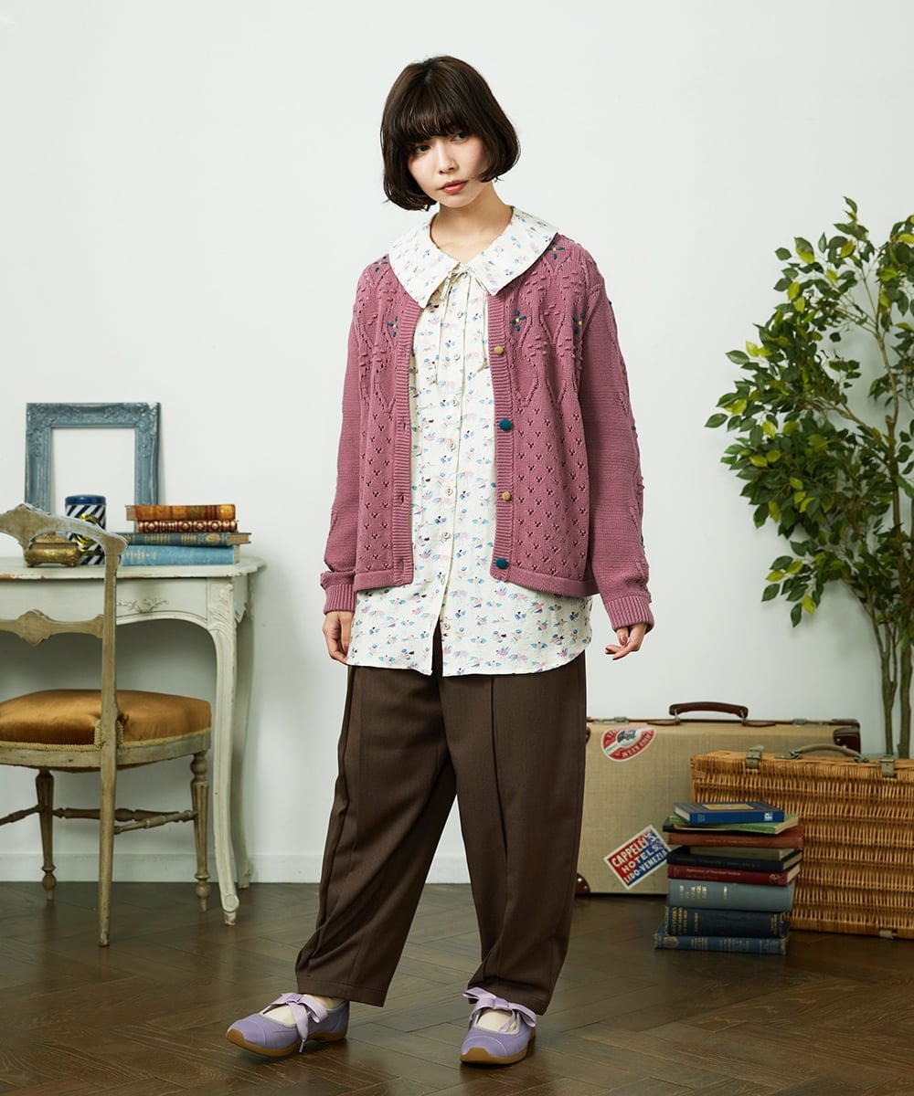GJSDD30220 Jocomomola(ホコモモラ) フラワー刺繍ケーブルニットカーディガン ピンク