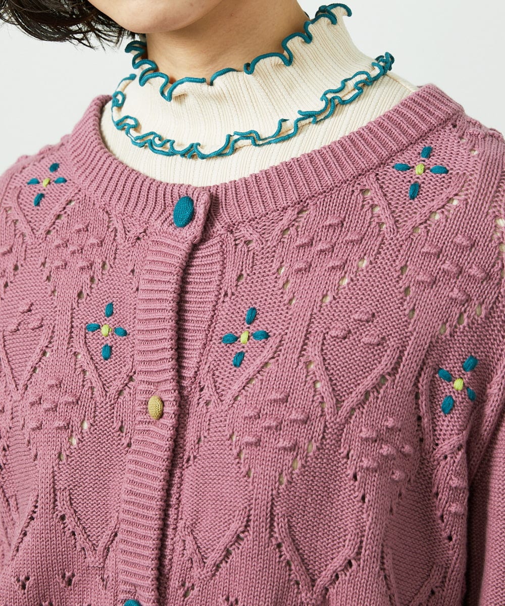 GJSDD30220 Jocomomola(ホコモモラ) フラワー刺繍ケーブルニットカーディガン ピンク