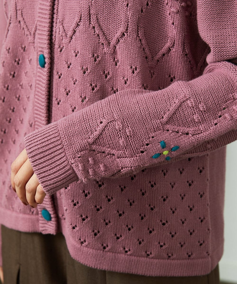 GJSDD30220 Jocomomola(ホコモモラ) フラワー刺繍ケーブルニットカーディガン ピンク