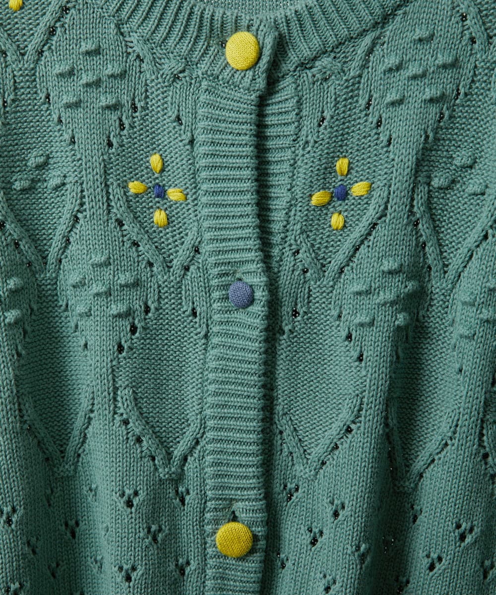 GJSDD30220 Jocomomola(ホコモモラ) フラワー刺繍ケーブルニットカーディガン グリーン