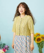GJSJD30180 Jocomomola(ホコモモラ) Veranito 透かし編み半端袖ニットカーディガン イエロー