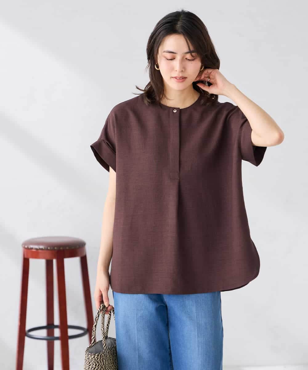 K2BHD06044 a.v.v(アー・ヴェ・ヴェ) 【接触冷感/UVカット】リネンライククルーネックブラウス【セットアップ対応/アンチピリング】 ネイビー