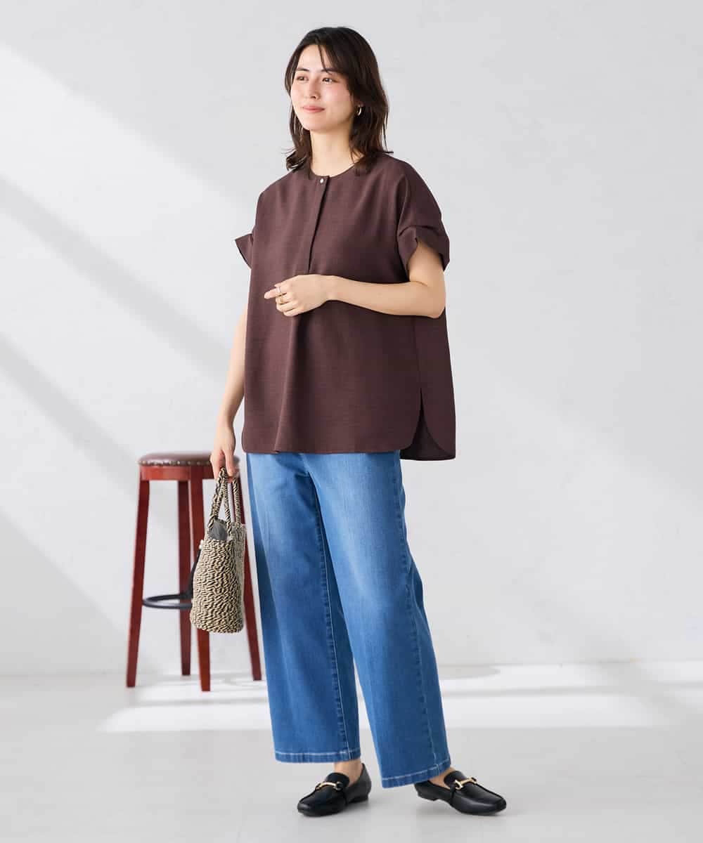 K2BHD06044 a.v.v(アー・ヴェ・ヴェ) 【接触冷感/UVカット】リネンライククルーネックブラウス【セットアップ対応/アンチピリング】 ネイビー