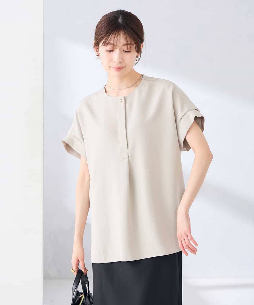 K2BHD06044 a.v.v(アー・ヴェ・ヴェ) 【接触冷感/UVカット】リネンライククルーネックブラウス【セットアップ対応/アンチピリング】 ネイビー