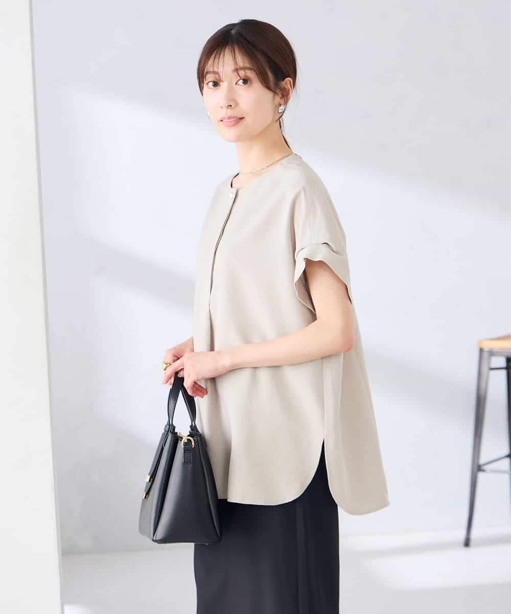 K2BHD06044 a.v.v(アー・ヴェ・ヴェ) 【接触冷感/UVカット】リネンライククルーネックブラウス【セットアップ対応/アンチピリング】 ネイビー