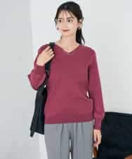 K2FAD79039 a.v.v(アー・ヴェ・ヴェ) 【洗える】Vネック美ラクるパフスリーブニット【WEB限定】 ピンク
