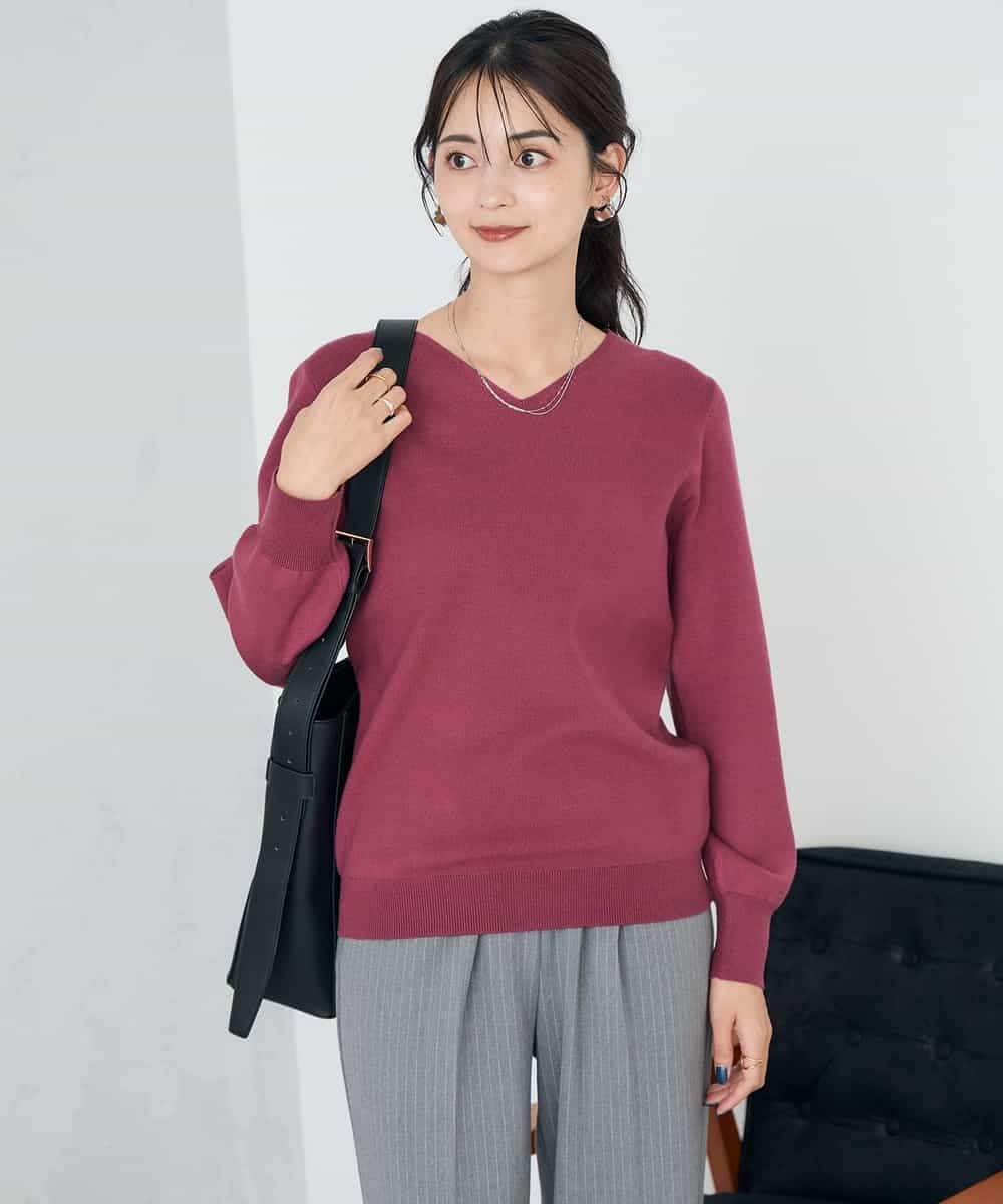 K2FAD79039 a.v.v(アー・ヴェ・ヴェ) 【洗える】Vネック美ラクるパフスリーブニット【WEB限定】 ピンク