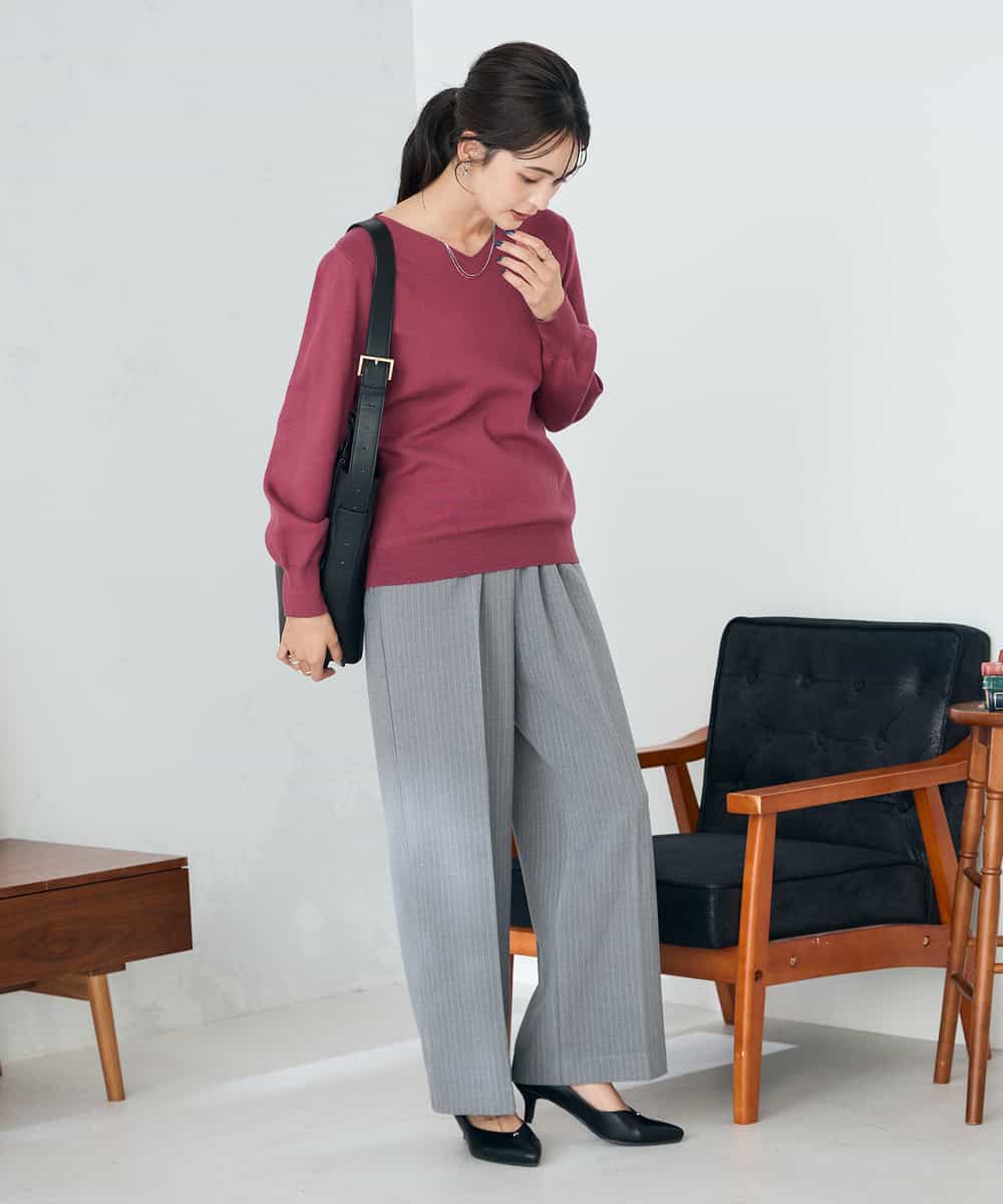 K2FAD79039 a.v.v(アー・ヴェ・ヴェ) 【洗える】Vネック美ラクるパフスリーブニット【WEB限定】 ピンク