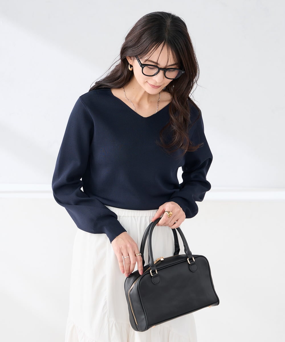 K2FED79039 a.v.v(アー・ヴェ・ヴェ) 【WEB限定/洗える/UVカット】Vネックパフスリーブニット ネイビー