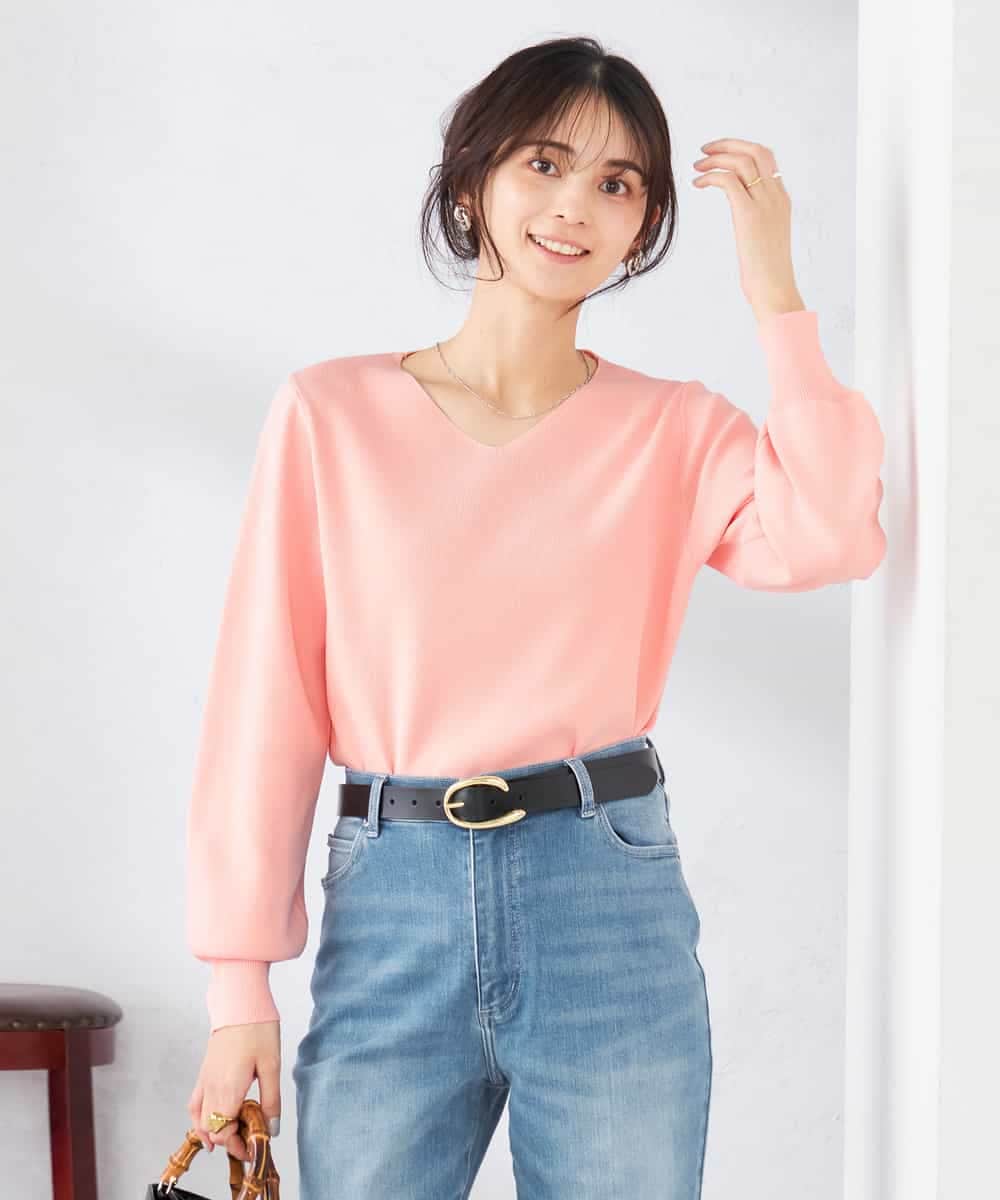 K2FED79039 a.v.v(アー・ヴェ・ヴェ) 【WEB限定/洗える/UVカット】Vネックパフスリーブニット ピンク