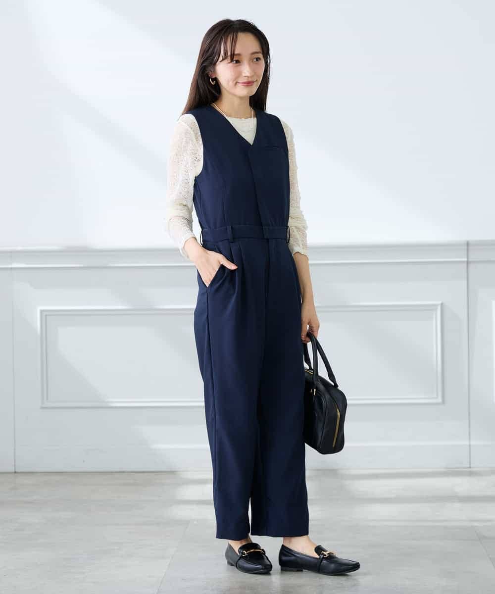 K3EFD03109 a.v.v Elmi(アー・ヴェ・ヴェ) 【低身長サイズ/洗える】Vネックコンビネゾン ネイビー