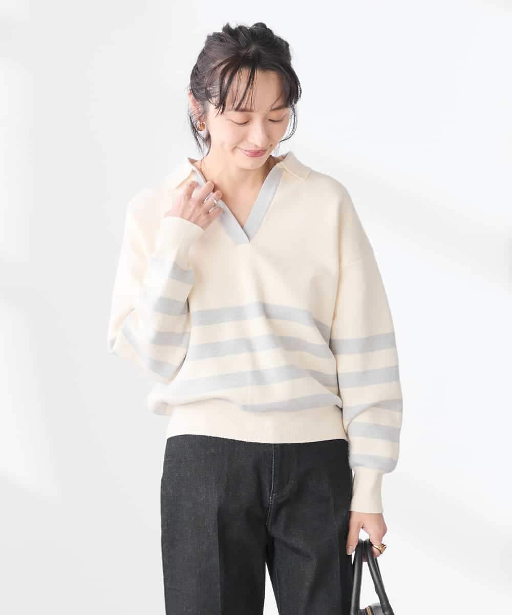 K3FDD07059 a.v.v Elmi(アー・ヴェ・ヴェ) 【低身長サイズ】スキッパーボーダーニット アイボリー