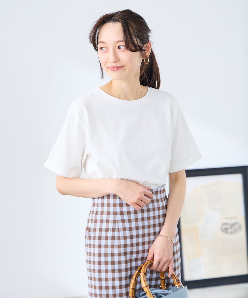 K3KGD30024 a.v.v Elmi(アー・ヴェ・ヴェ) 【低身長サイズ】ロールアップハーフスリーブTシャツ【接触冷感/UVカット/コットン100%】 ライトイエロー