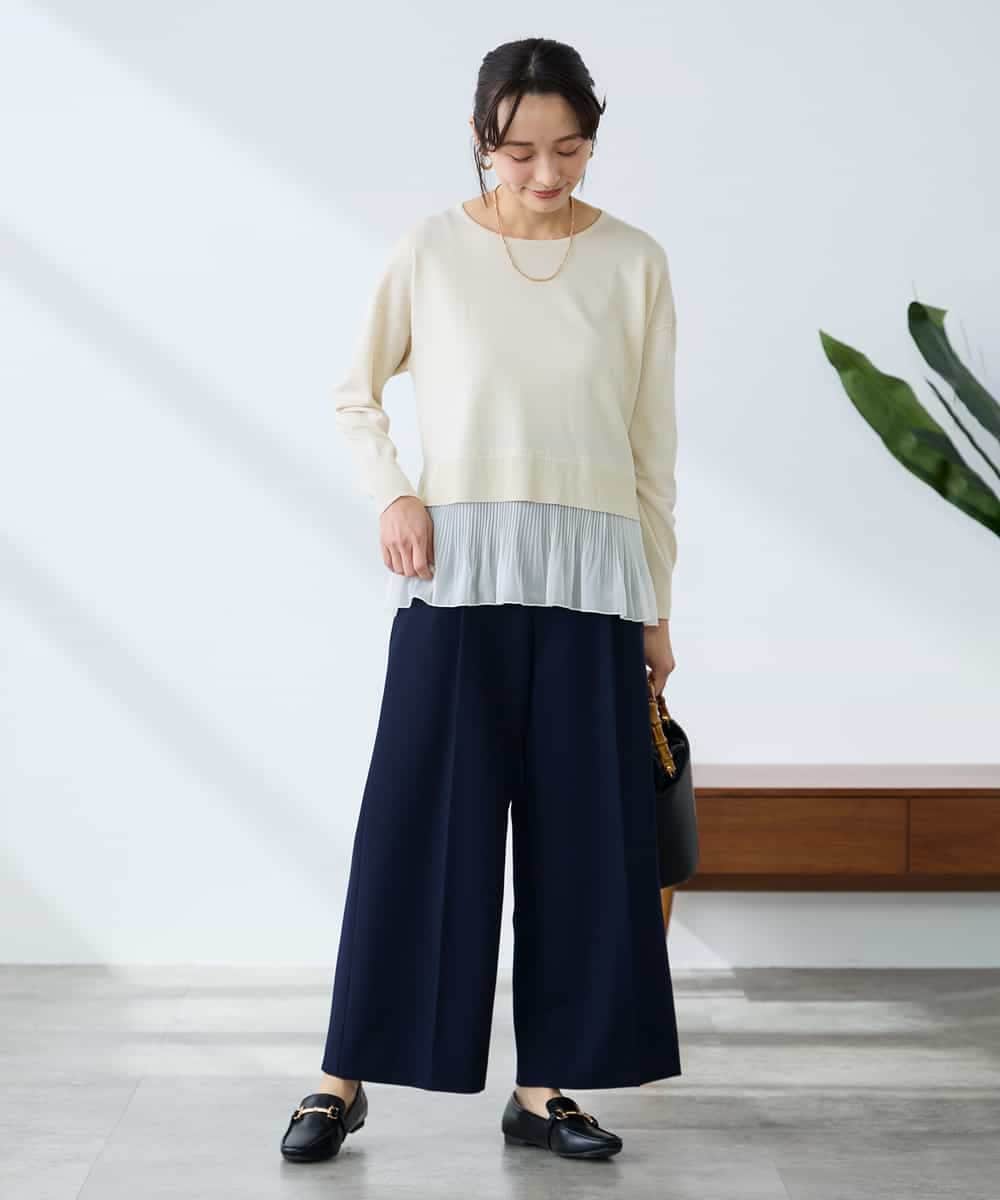 K3LDD20059 a.v.v Elmi(アー・ヴェ・ヴェ) 【低身長サイズ】【洗える】ハイウエストワイドパンツ ネイビー