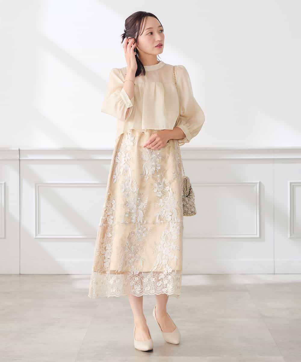 KAETF11169 a.v.v Elmi(アー・ヴェ・ヴェ) 【低身長サイズ/結婚式/お呼ばれに】チュール刺繍 スタンドカラーワンピース ベージュ