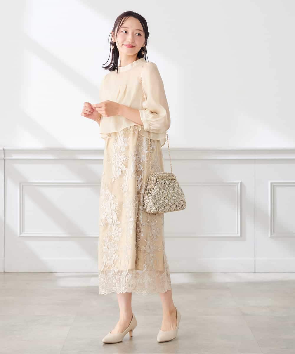 KAETF11169 a.v.v Elmi(アー・ヴェ・ヴェ) 【低身長サイズ/結婚式/お呼ばれに】チュール刺繍 スタンドカラーワンピース ベージュ