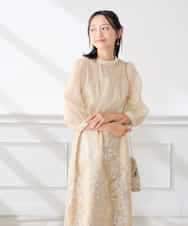 KAETF11169 a.v.v Elmi(アー・ヴェ・ヴェ) 【低身長サイズ/結婚式/お呼ばれに】チュール刺繍 スタンドカラーワンピース ベージュ