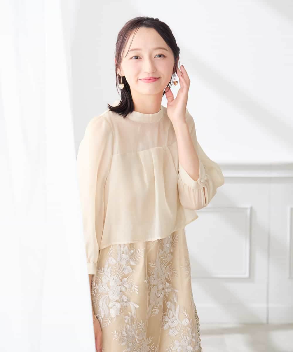 KAETF11169 a.v.v Elmi(アー・ヴェ・ヴェ) 【低身長サイズ/結婚式/お呼ばれに】チュール刺繍 スタンドカラーワンピース ベージュ
