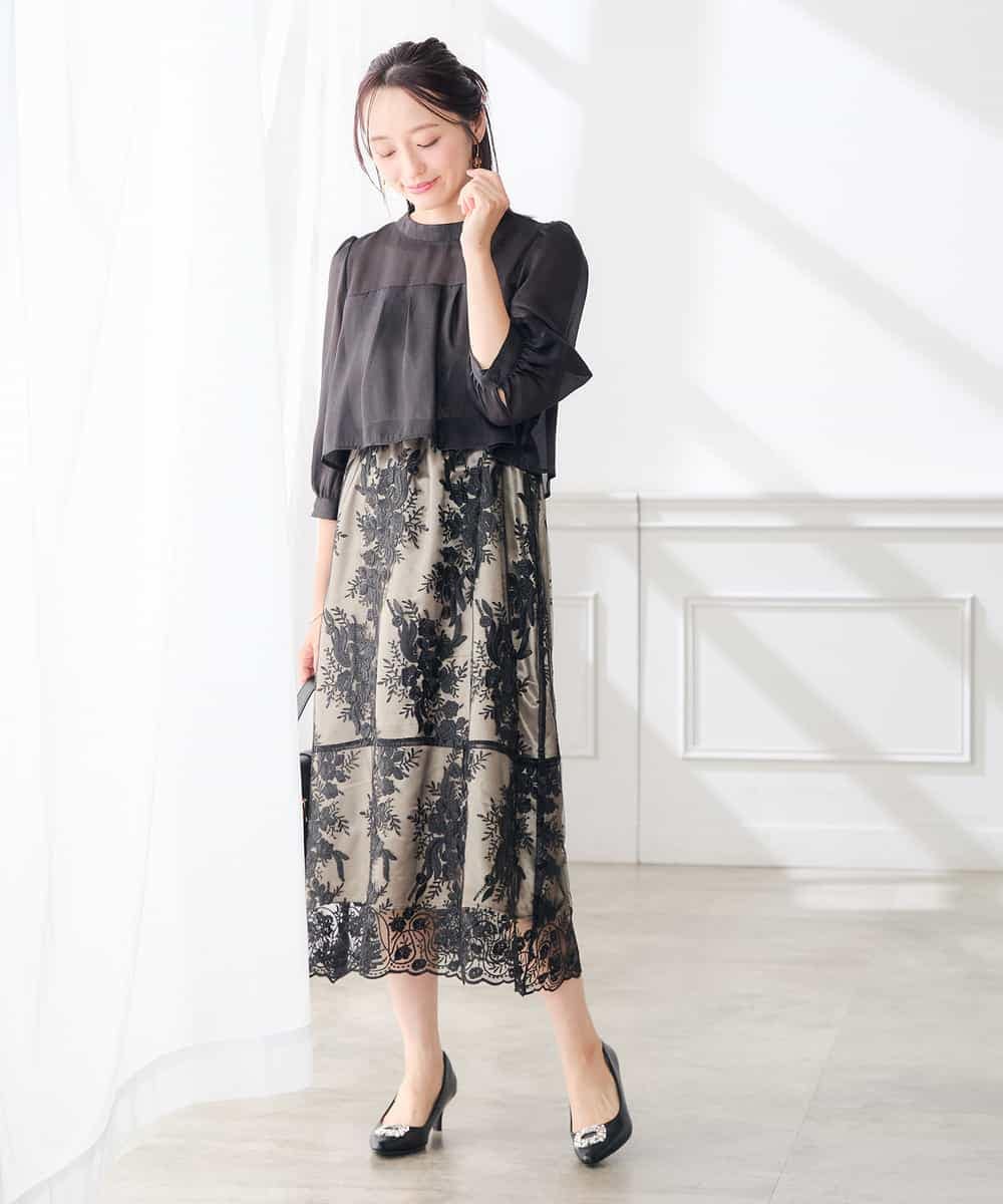 KAETF11169 a.v.v Elmi(アー・ヴェ・ヴェ) 【低身長サイズ/結婚式/お呼ばれに】チュール刺繍 スタンドカラーワンピース ベージュ