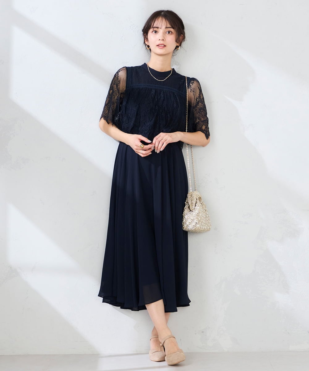 KBETF10159 a.v.v(アー・ヴェ・ヴェ) 【結婚式/お呼ばれに】レースドッキングワンピース ネイビー