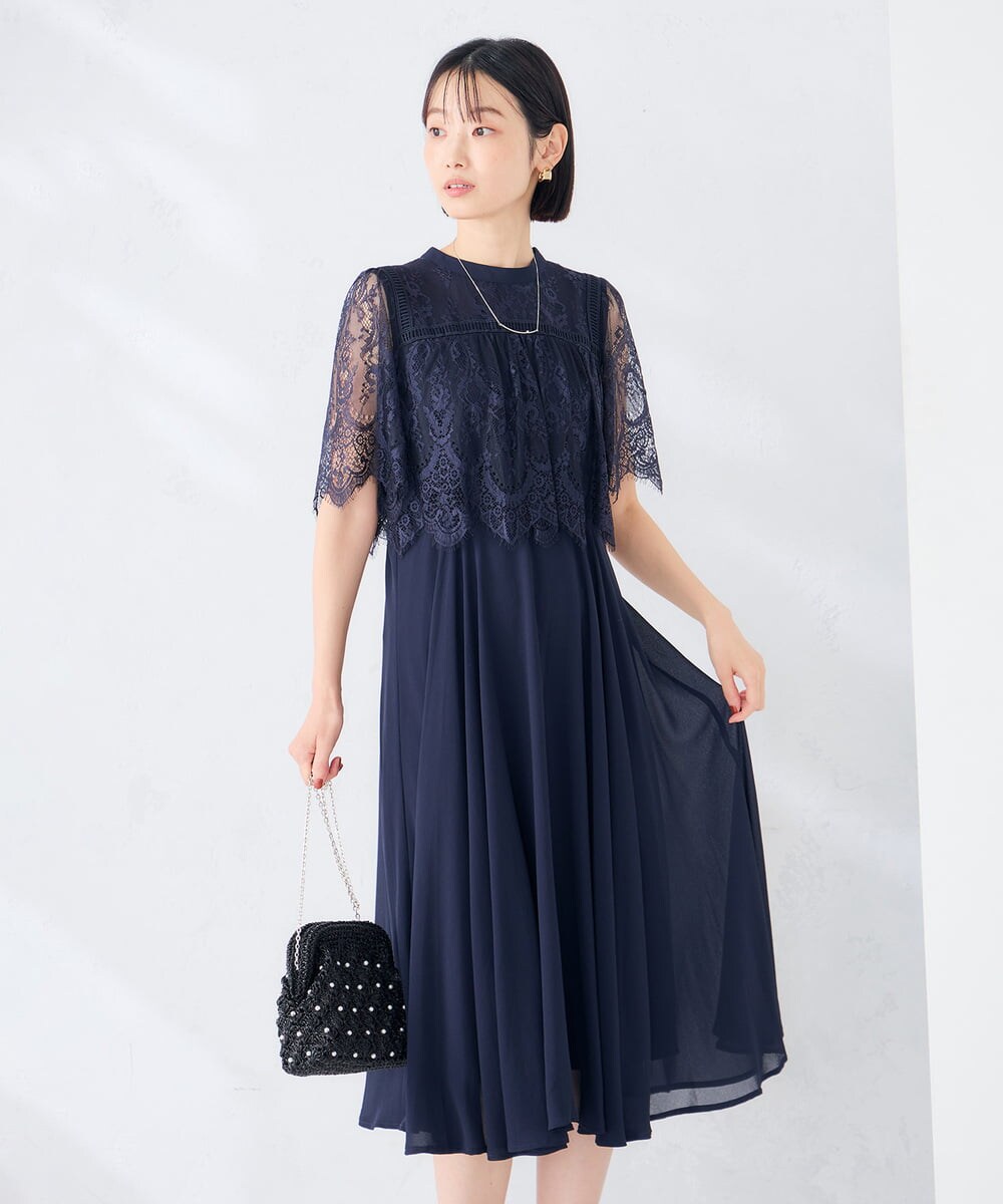 KBETF10159 a.v.v(アー・ヴェ・ヴェ) 【結婚式/お呼ばれに】レースドッキングワンピース ネイビー
