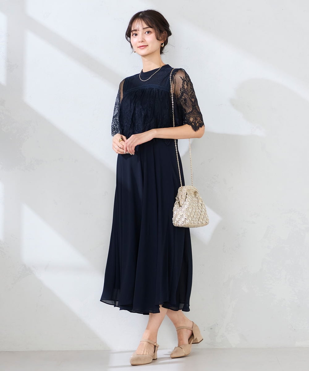 KBETF10159 a.v.v(アー・ヴェ・ヴェ) 【結婚式/お呼ばれに】レースドッキングワンピース ネイビー