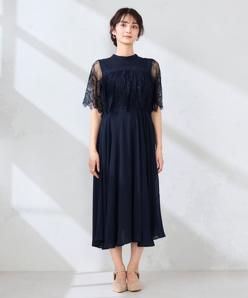 KBETF10159 a.v.v(アー・ヴェ・ヴェ) 【結婚式/お呼ばれに】レースドッキングワンピース ネイビー