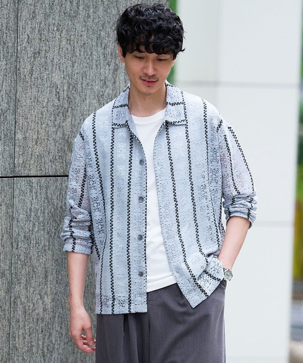 KHBFD11079 a.v.v MEN(アー・ヴェ・ヴェ) 真夏もお任せの涼しい長袖シャツ【洗濯機で洗える】透かしストライプ ワイドシルエットシャツ ライトブルー