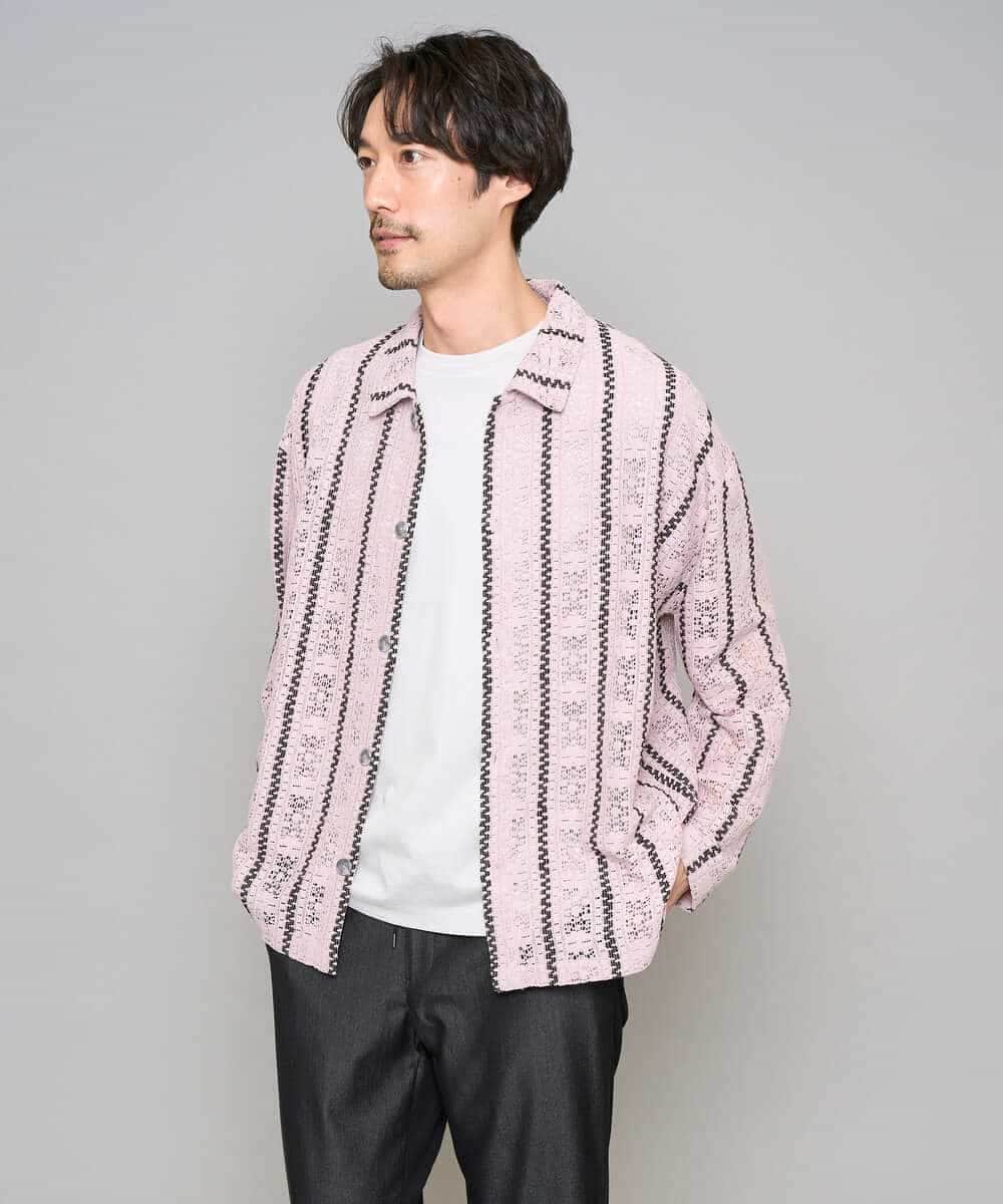 KHBFD11079 a.v.v MEN(アー・ヴェ・ヴェ) 真夏もお任せの涼しい長袖シャツ【洗濯機で洗える】透かしストライプ ワイドシルエットシャツ ライトブルー