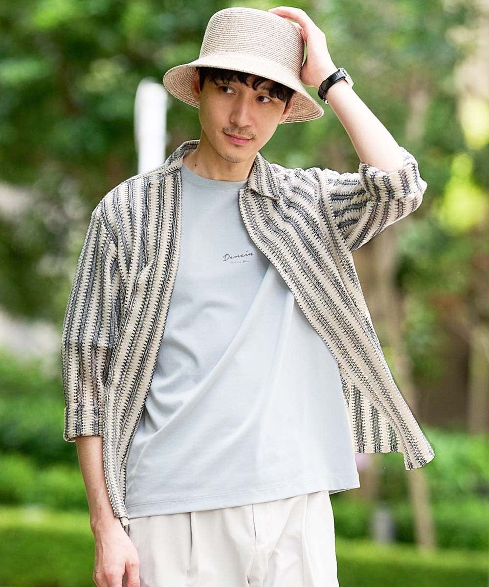 KHBFD12079 a.v.v MEN(アー・ヴェ・ヴェ) 夏のお洒落羽織【洗濯機で洗える】レースストライプワイドシルエットシャツ アイボリー