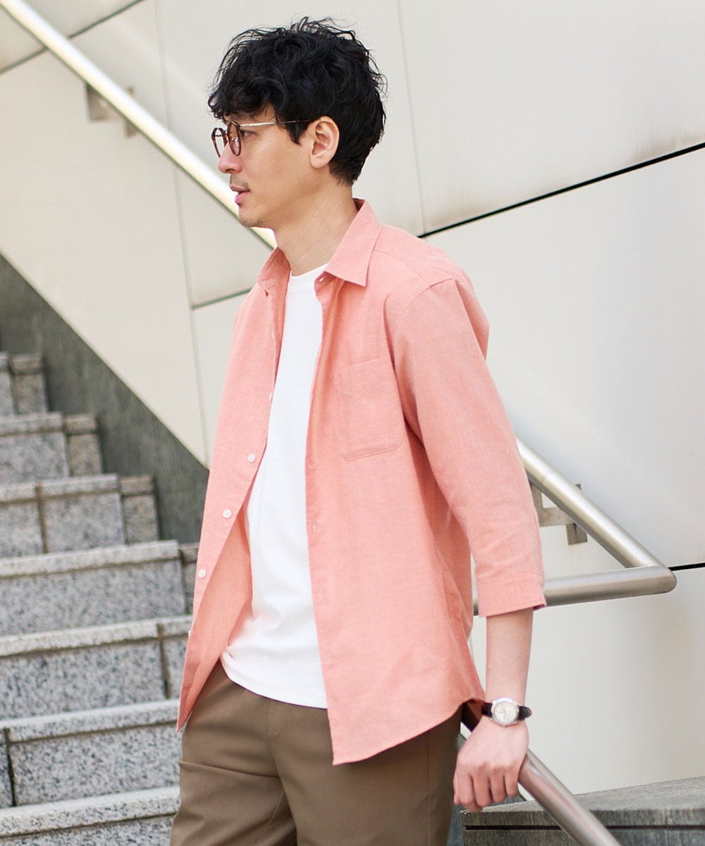 KHBGD30054 a.v.v MEN(アー・ヴェ・ヴェ) 累計15,000枚販売！リネン混シャツ【接触冷感 / 速乾/ストレッチ / イージーケア / 洗濯機で洗える】 オレンジ