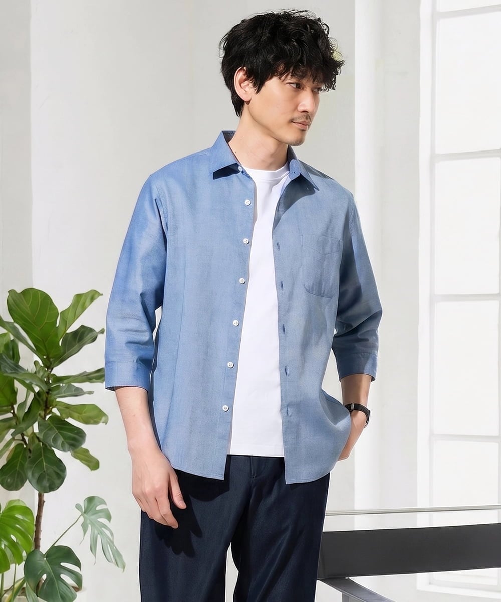 KHBGD30054 a.v.v MEN(アー・ヴェ・ヴェ) 累計15,000枚販売！リネン混シャツ【接触冷感 / 速乾/ストレッチ / イージーケア / 洗濯機で洗える】 ブルー