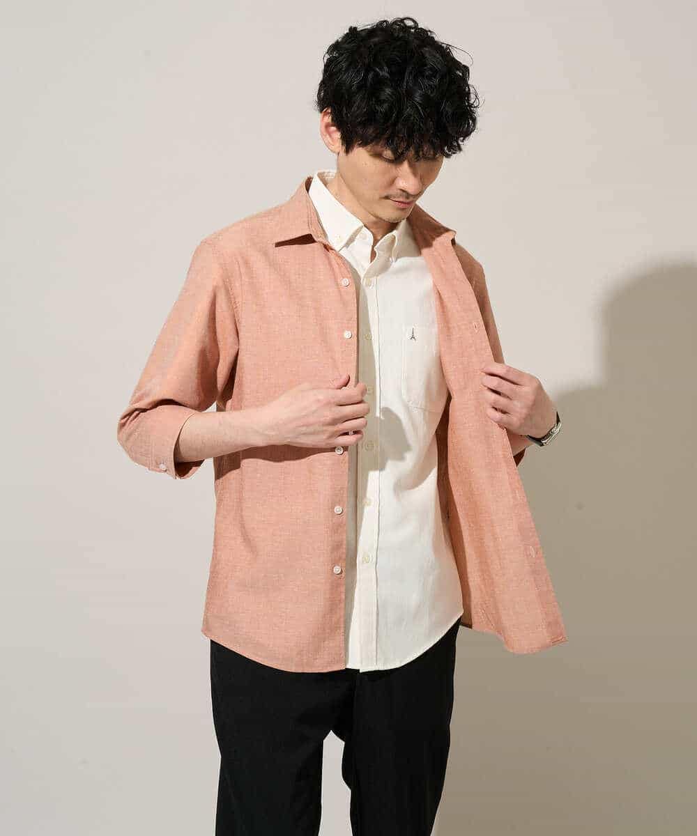 KHBGD30054 a.v.v MEN(アー・ヴェ・ヴェ) 累計15,000枚販売！リネン混シャツ【接触冷感 / 速乾/ストレッチ / イージーケア / 洗濯機で洗える】 オレンジ