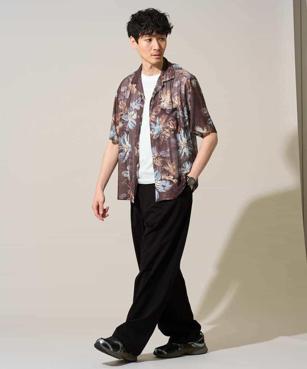 KHBGD46079 a.v.v MEN(アー・ヴェ・ヴェ) 【接触冷感/イージーケア/洗濯機で洗える/ストレッチ】メッシュプリントゴブソデオープンカラーシャツ ブラウン