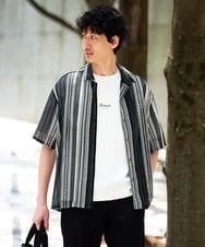 KHBGD61069 a.v.v MEN(アー・ヴェ・ヴェ) ニットストライプ オープンカラーシャツ【五分袖 / 洗濯機で洗える】 ダークグレー