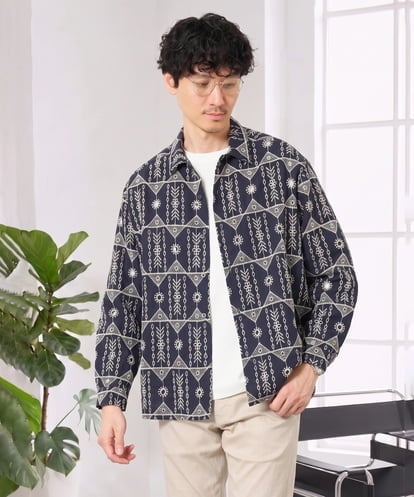 KHBJD08079 a.v.v MEN ＼秋の装いに、さりげない個性を／ クラフトシシュウワイドシルエットシャツ【洗濯機で洗える】