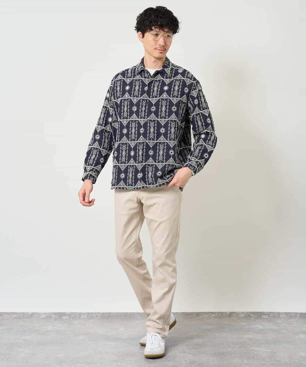KHBJD08079 a.v.v MEN(アー・ヴェ・ヴェ) ＼秋の装いに、さりげない個性を／ クラフトシシュウワイドシルエットシャツ【洗濯機で洗える】 ブラウン