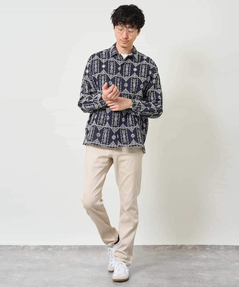 KHBJD08079 a.v.v MEN(アー・ヴェ・ヴェ) ＼秋の装いに、さりげない個性を／ クラフトシシュウワイドシルエットシャツ【洗濯機で洗える】 ブラウン