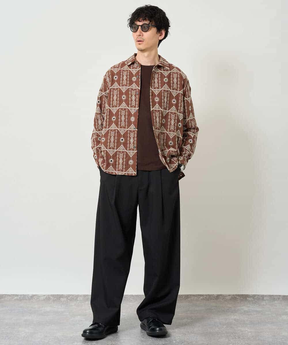 KHBJD08079 a.v.v MEN(アー・ヴェ・ヴェ) ＼秋の装いに、さりげない個性を／ クラフトシシュウワイドシルエットシャツ【洗濯機で洗える】 ブラウン