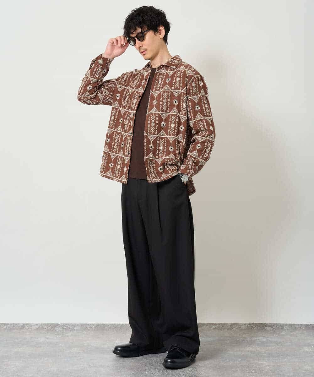 KHBJD08079 a.v.v MEN(アー・ヴェ・ヴェ) ＼秋の装いに、さりげない個性を／ クラフトシシュウワイドシルエットシャツ【洗濯機で洗える】 ブラウン