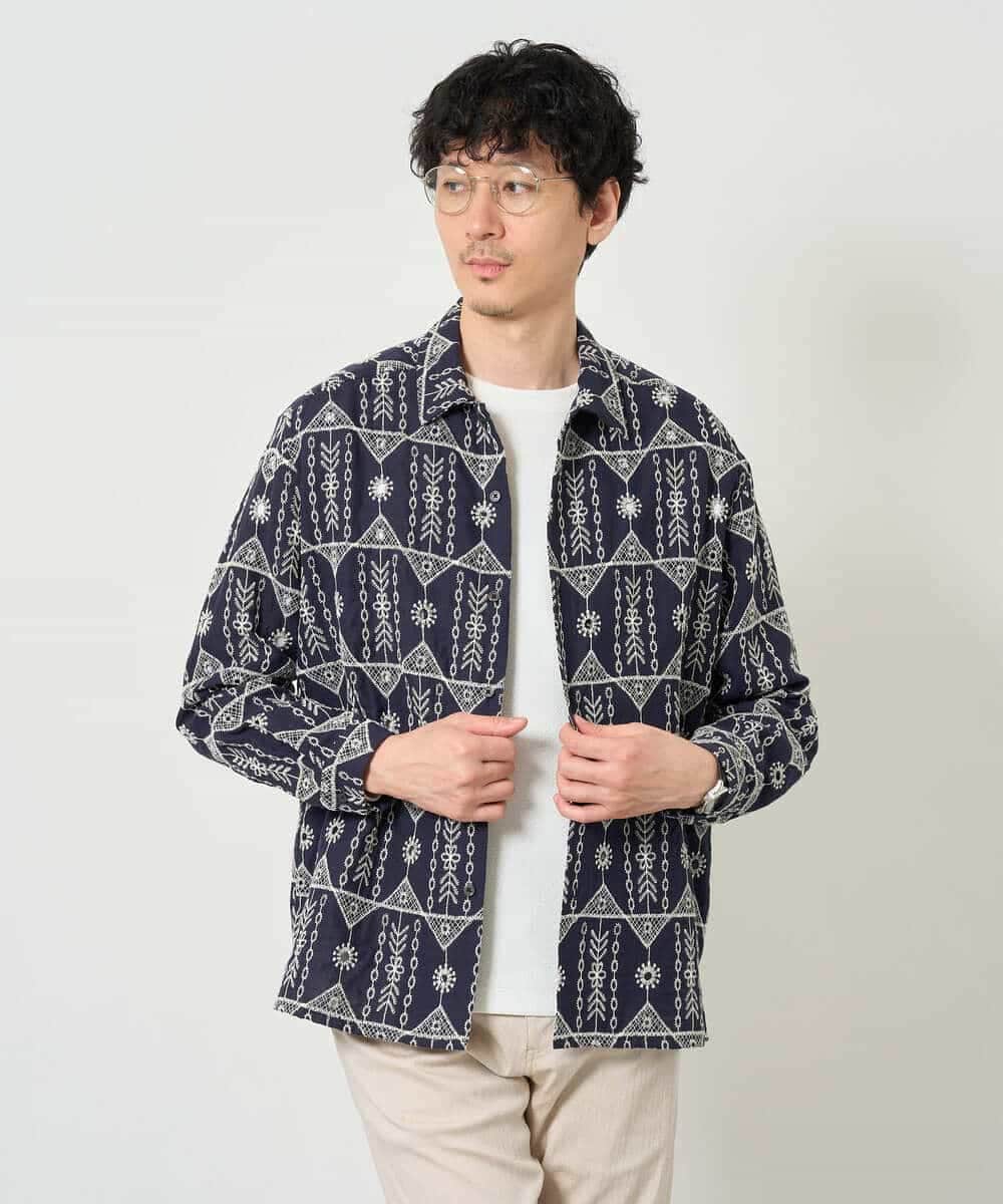 KHBJD08079 a.v.v MEN(アー・ヴェ・ヴェ) ＼秋の装いに、さりげない個性を／ クラフトシシュウワイドシルエットシャツ【洗濯機で洗える】 ブラウン