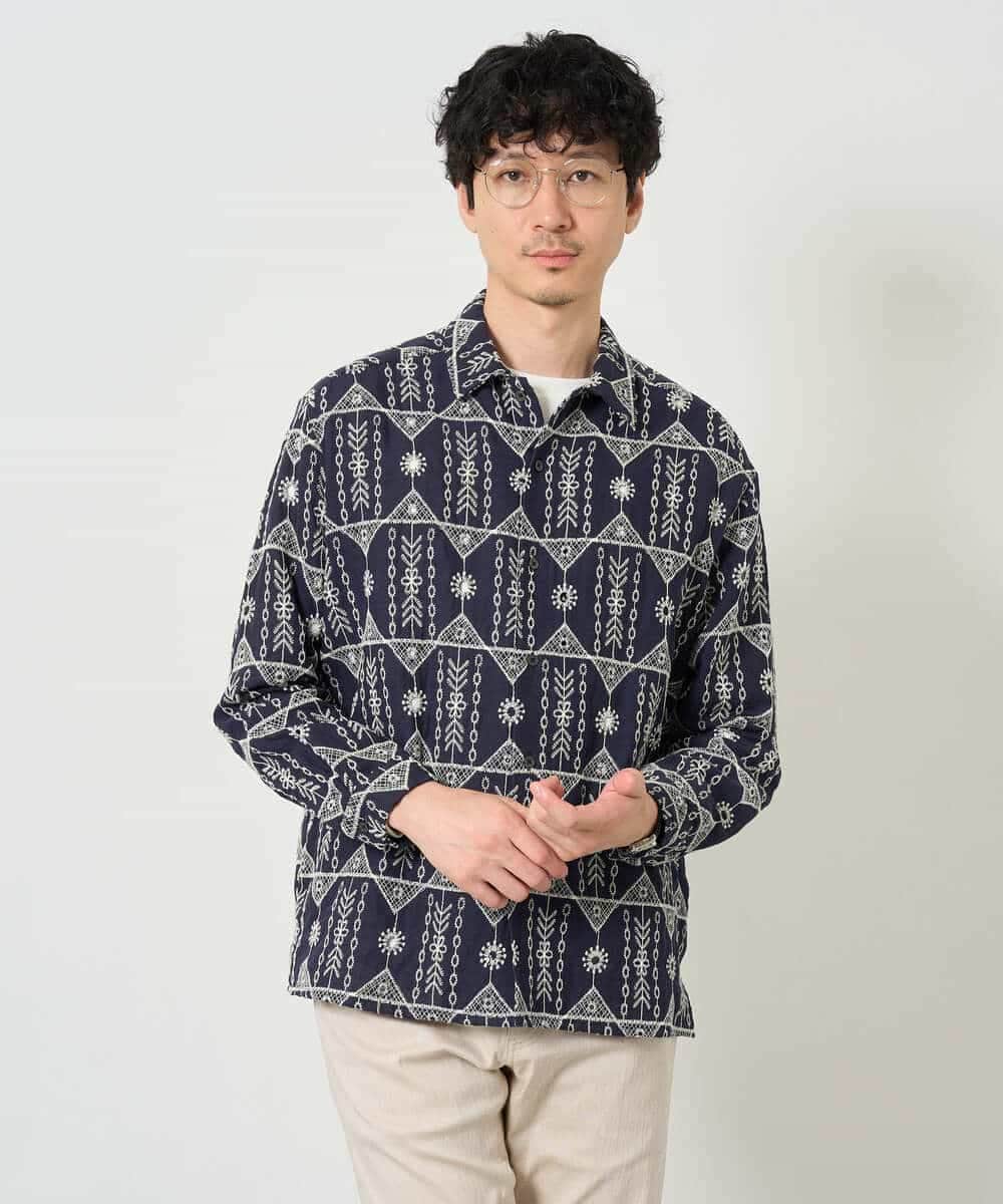 KHBJD08079 a.v.v MEN(アー・ヴェ・ヴェ) ＼秋の装いに、さりげない個性を／ クラフトシシュウワイドシルエットシャツ【洗濯機で洗える】 ブラウン