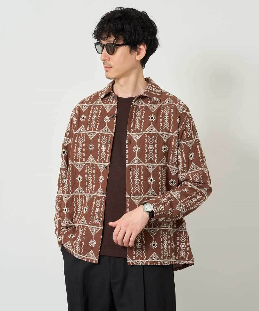 KHBJD08079 a.v.v MEN(アー・ヴェ・ヴェ) ＼秋の装いに、さりげない個性を／ クラフトシシュウワイドシルエットシャツ【洗濯機で洗える】 ブラウン