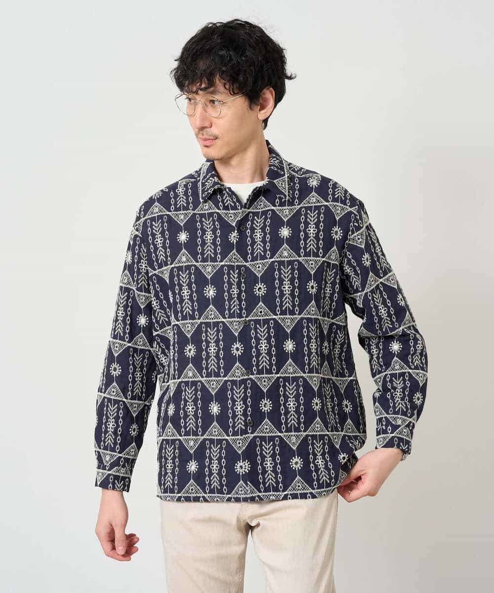 KHBJD08079 a.v.v MEN(アー・ヴェ・ヴェ) ＼秋の装いに、さりげない個性を／ クラフトシシュウワイドシルエットシャツ【洗濯機で洗える】 ブラウン