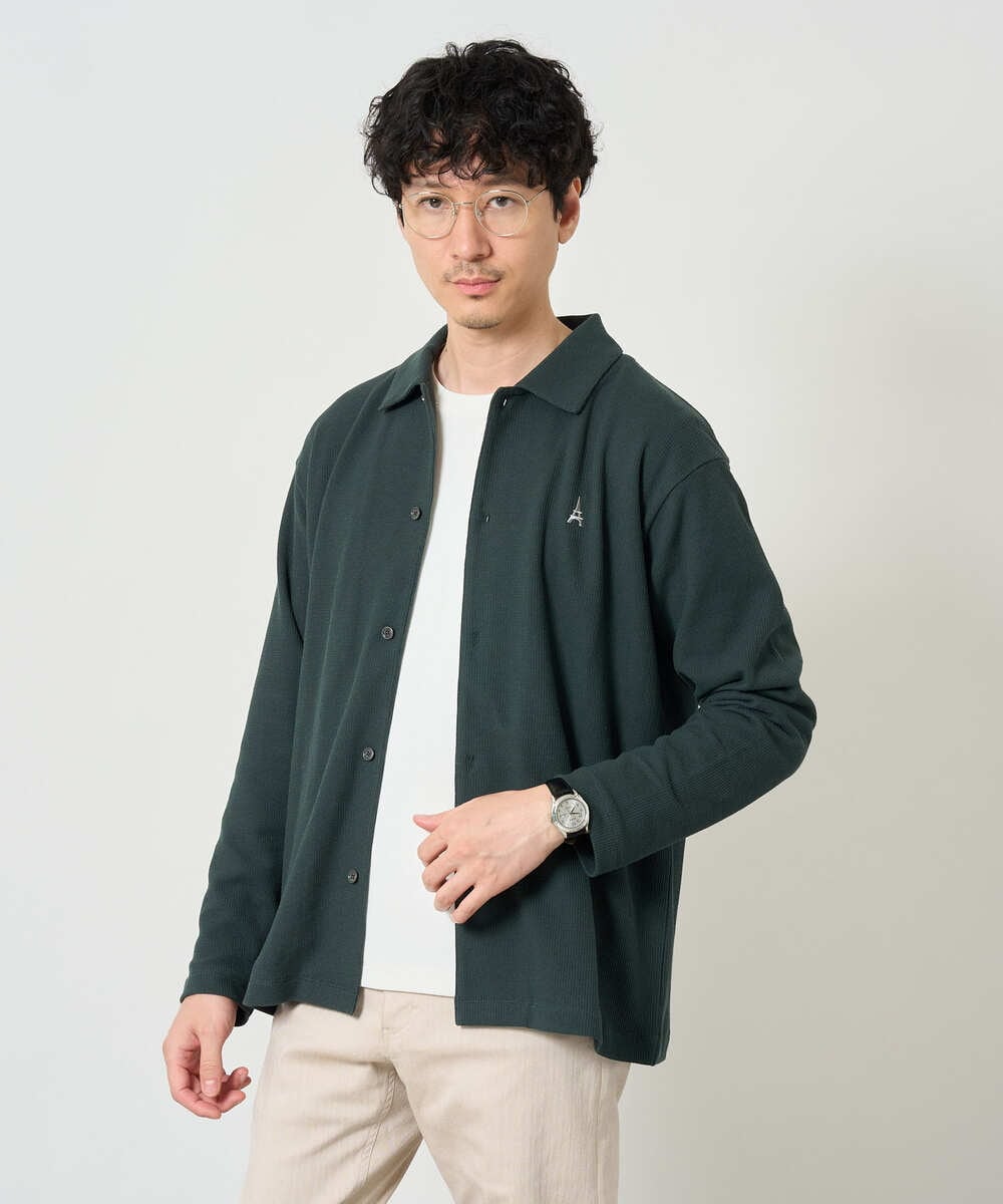 KHBJD11064 a.v.v MEN(アー・ヴェ・ヴェ) <ワンポイント刺繡が映える> ハニカムジャカードジャージーシャツ【イージーケア/洗濯機で洗える/遮熱/毛玉になりにくい】 ブラック
