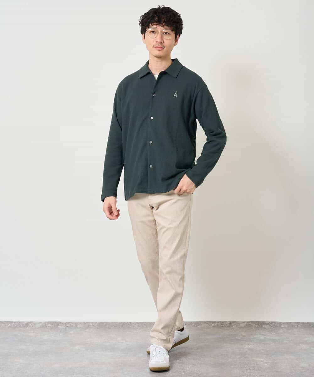 KHBJD11064 a.v.v MEN(アー・ヴェ・ヴェ) <ワンポイント刺繡が映える> ハニカムジャカードジャージーシャツ【イージーケア/洗濯機で洗える/遮熱/毛玉になりにくい】 ブラック
