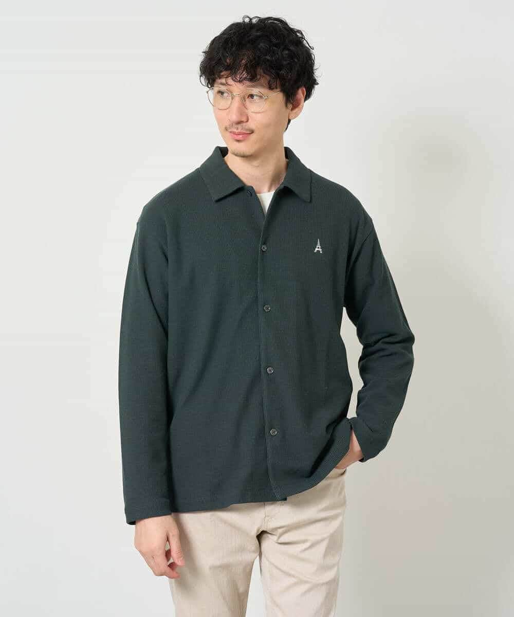 KHBJD11064 a.v.v MEN(アー・ヴェ・ヴェ) <ワンポイント刺繡が映える> ハニカムジャカードジャージーシャツ【イージーケア/洗濯機で洗える/遮熱/毛玉になりにくい】 ブラック