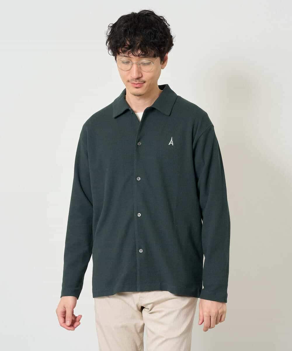 KHBJD11064 a.v.v MEN(アー・ヴェ・ヴェ) <ワンポイント刺繡が映える> ハニカムジャカードジャージーシャツ【イージーケア/洗濯機で洗える/遮熱/毛玉になりにくい】 ブラック